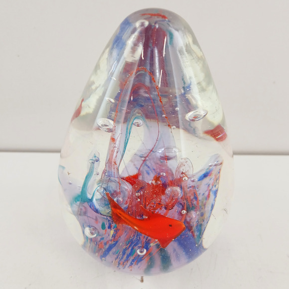 Art Glass Hand Blown Paperweight Teardrop Shape w/ Fish Blue Red Swirl Decor 4" - Picture 3 of 7